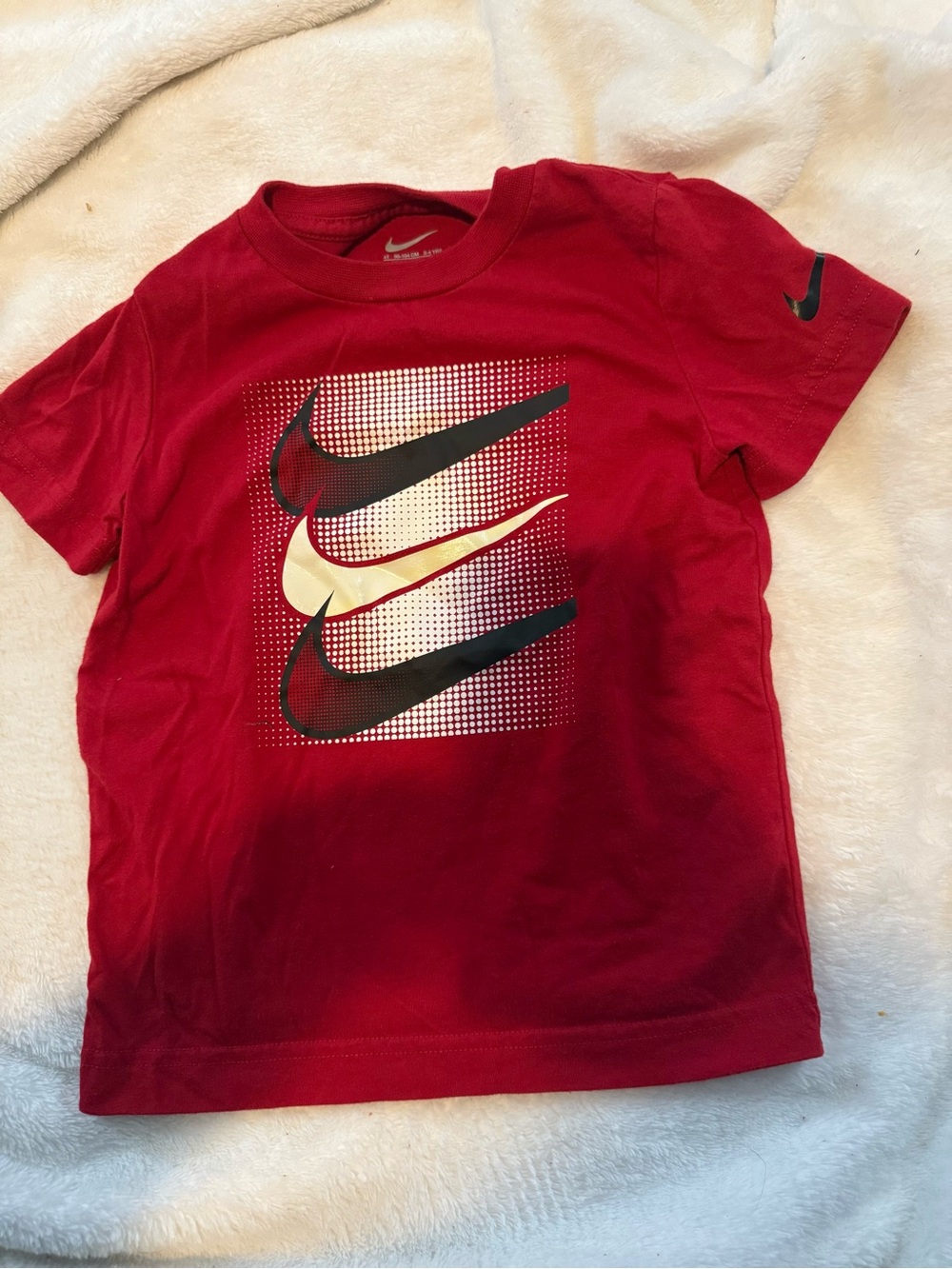 4t Nike Red Short Sleeve Tee with Black and Cream Swooshes